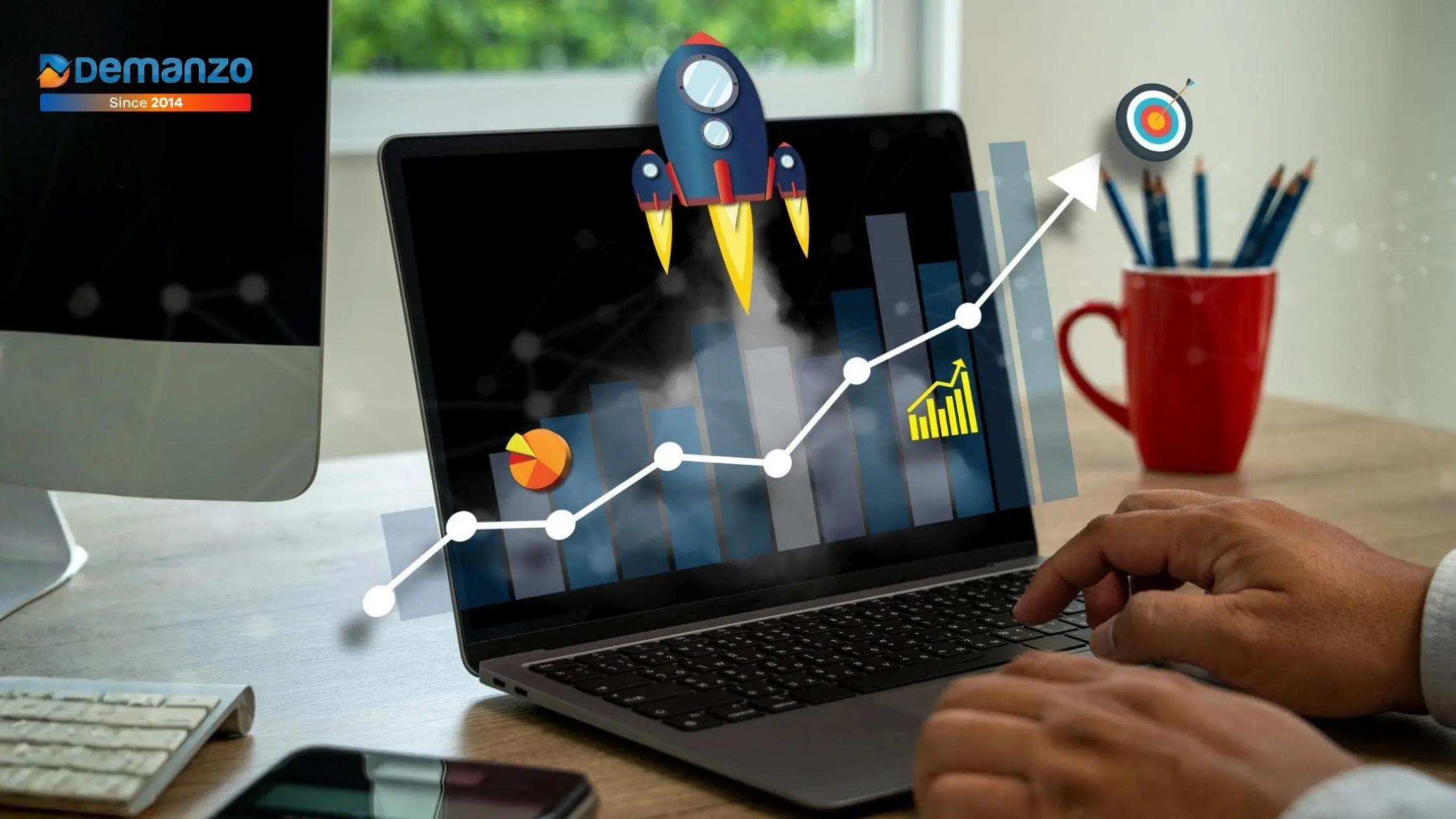 Laptop showing business growth and ROI improvement using CRO strategies by Demanzo