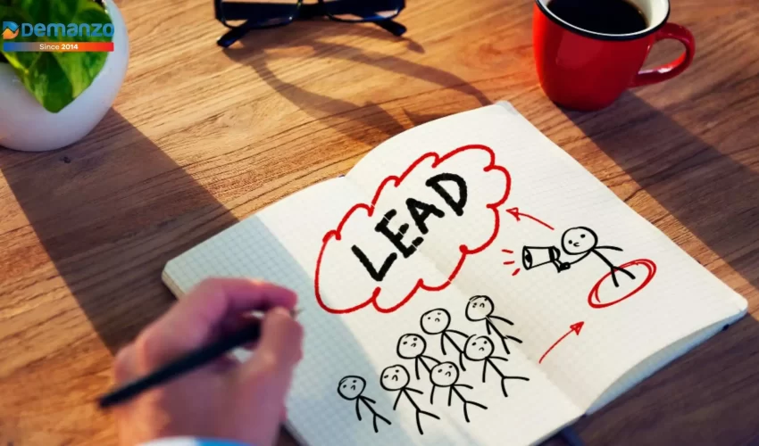 Hand-drawn lead generation concept in a notebook, showing a marketer attracting leads, representing SaaS and website conversion strategies by Demanzo