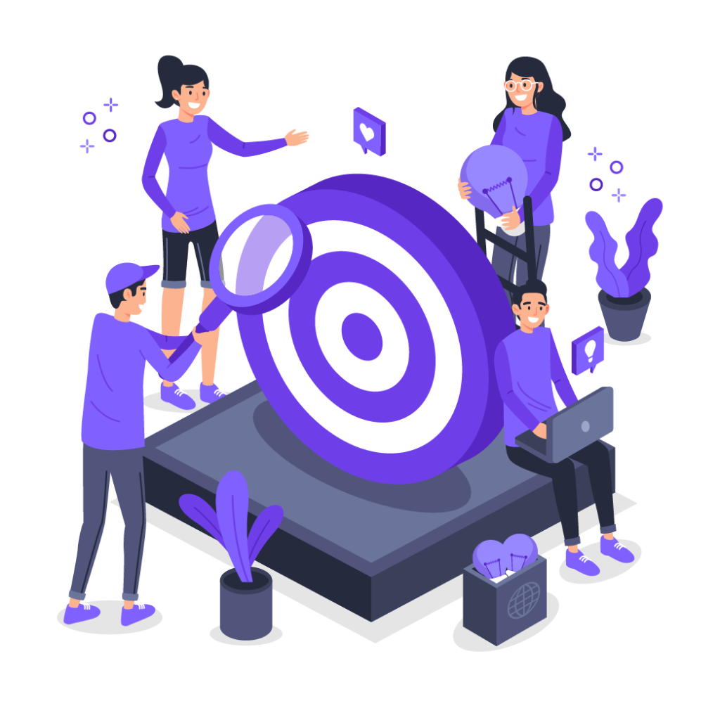 Illustration showing a SaaS team focusing on PPC targeting, strategy planning, and growth using data and insights.