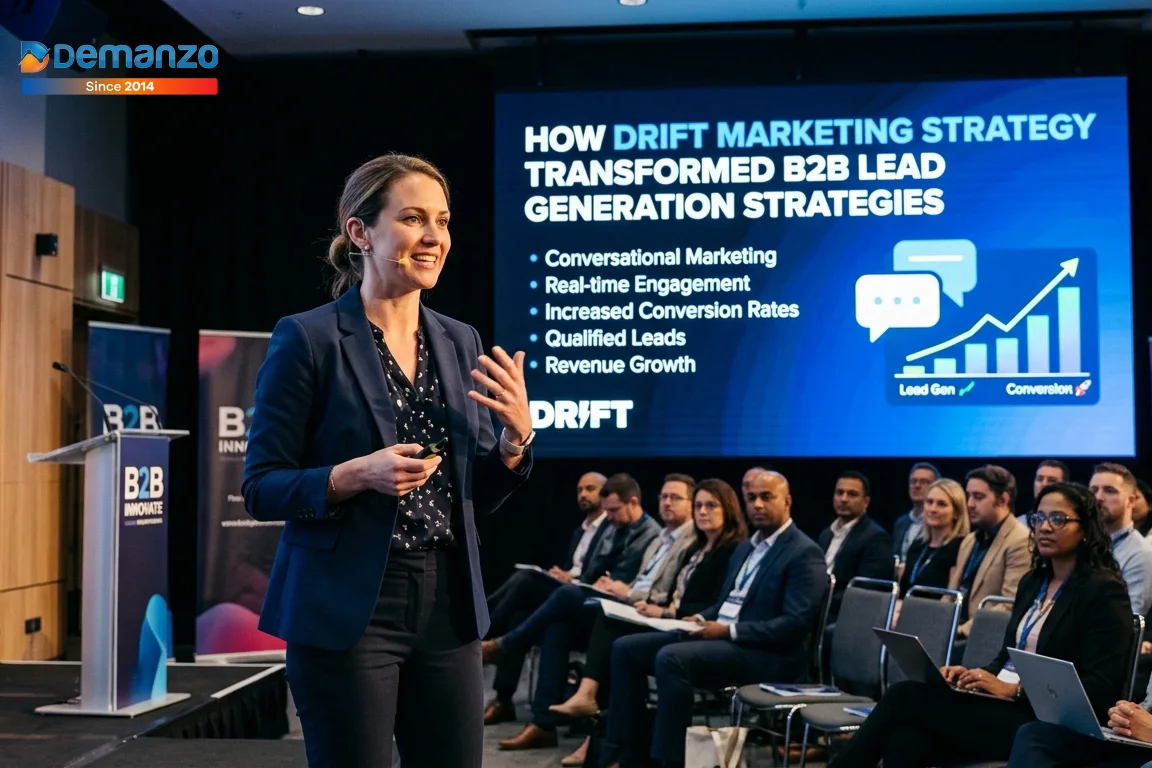 Speaker presenting how Drift marketing strategy transformed B2B lead generation strategies through conversational marketing and real-time engagement