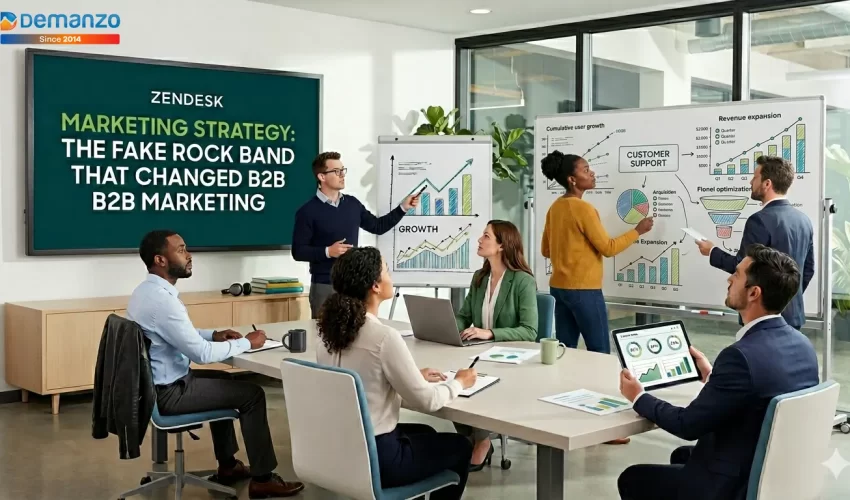 Team of professionals discussing Zendesk marketing strategy in a modern office, with charts, growth graphs, and a presentation highlighting how a creative campaign transformed B2B marketing.