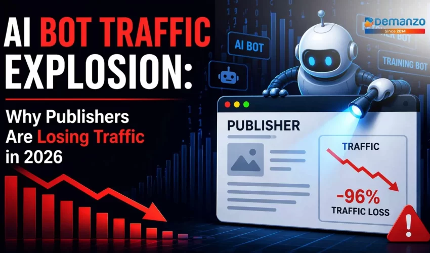 AI bot traffic surge causing website traffic loss for publishers in 2026, showing declining analytics graph and AI bots extracting content