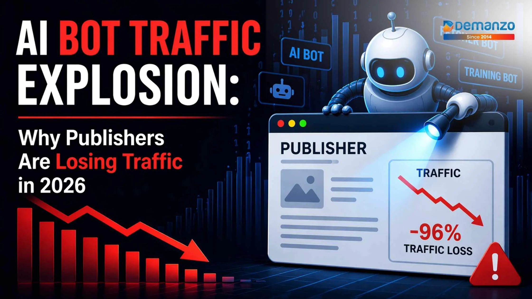 AI bot traffic surge causing website traffic loss for publishers in 2026, showing declining analytics graph and AI bots extracting content