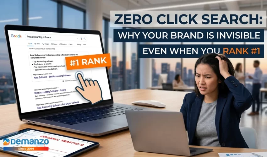 Zero click search concept showing a website ranking #1 on Google but receiving no traffic, highlighting AI search impact and declining organic clicks