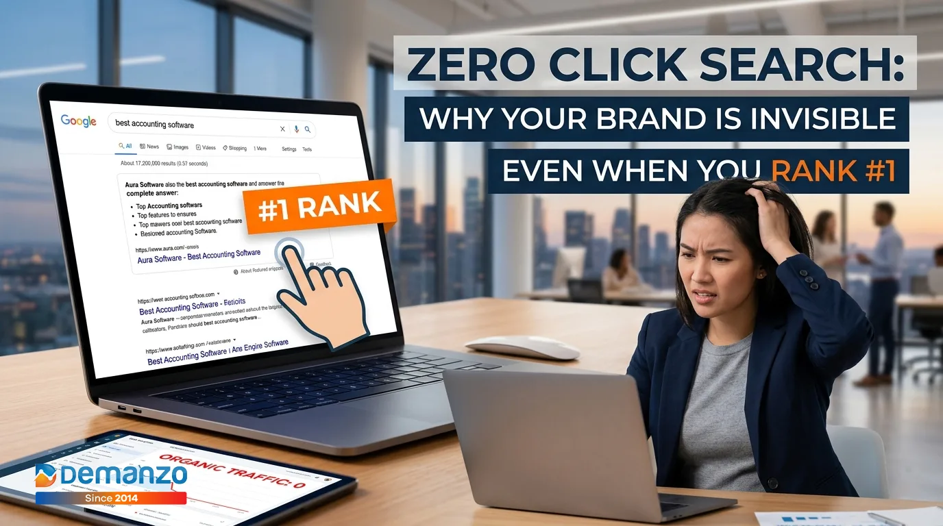 Zero click search concept showing a website ranking #1 on Google but receiving no traffic, highlighting AI search impact and declining organic clicks