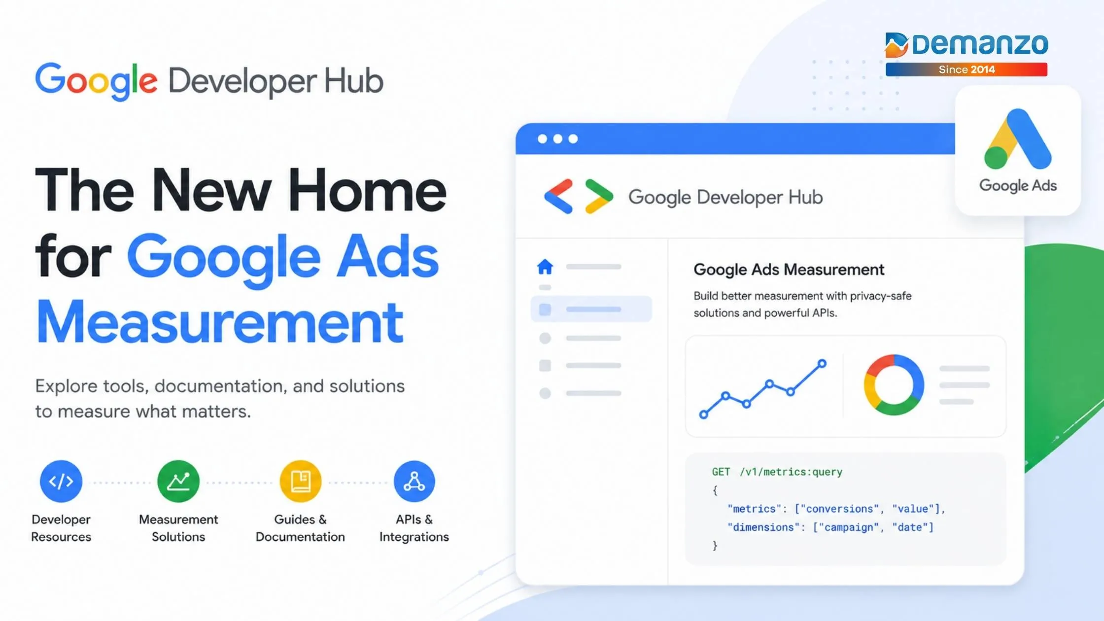 Google Developer Hub interface showcasing Google Ads measurement tools, marketing analytics dashboard, developer APIs, conversion tracking solutions, campaign performance insights, and Google Ads integration platform for advertisers and developers.